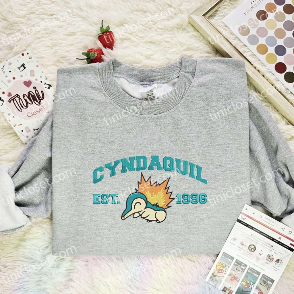 Cyndaquil Embroidered Shirt, Pokemon Embroidered Hoodie, Anime Embroidered Sweatshirt