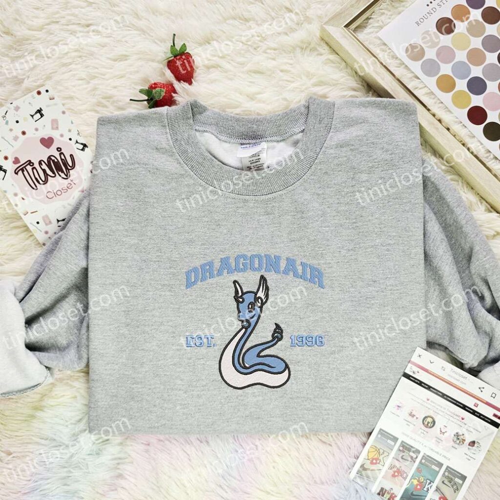 Dragonair Embroidered Shirt, Pokemon Embroidered Hoodie, Anime Embroidered Sweatshirt