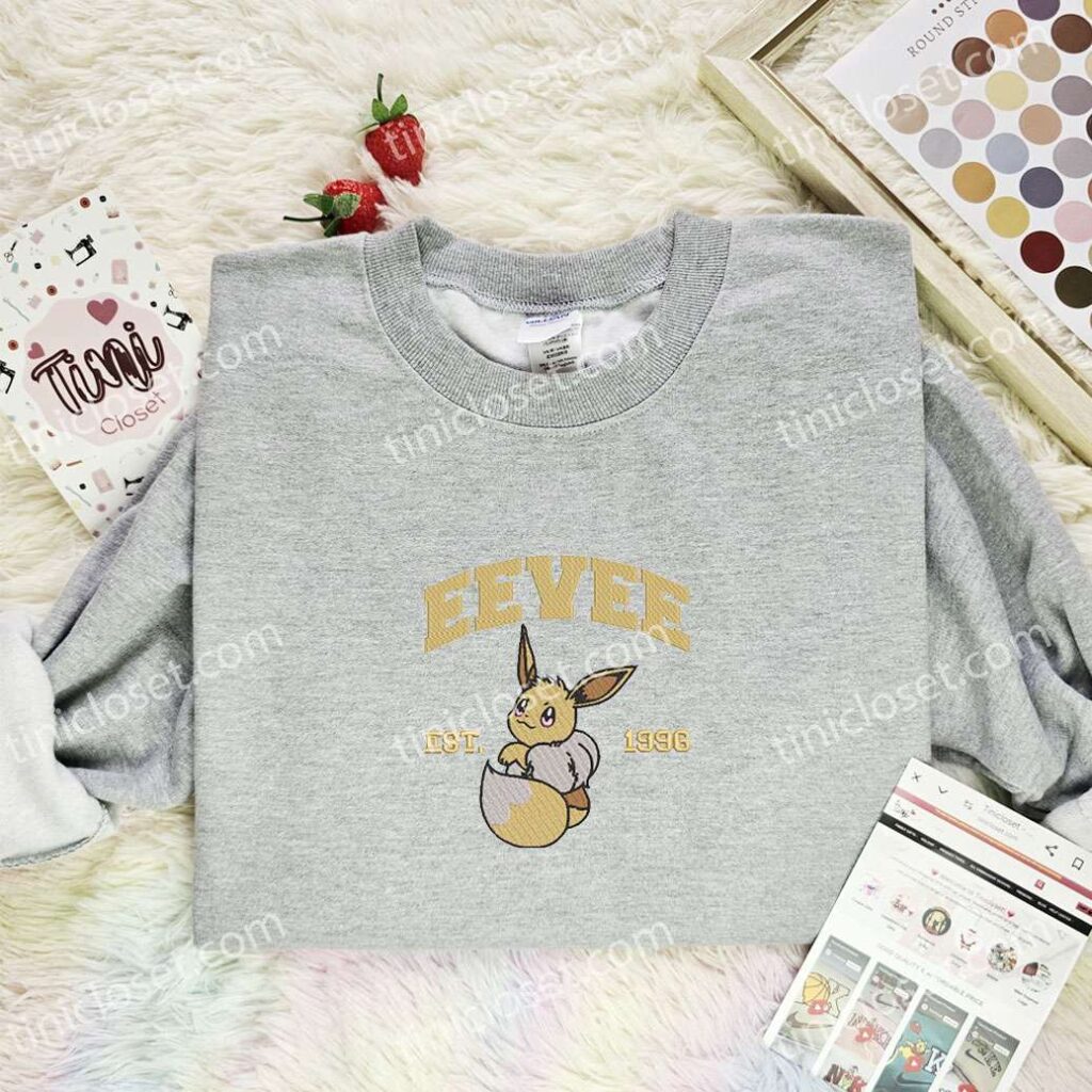 Eevee Embroidered Shirt, Pokemon Embroidered Hoodie, Anime Embroidered Sweatshirt