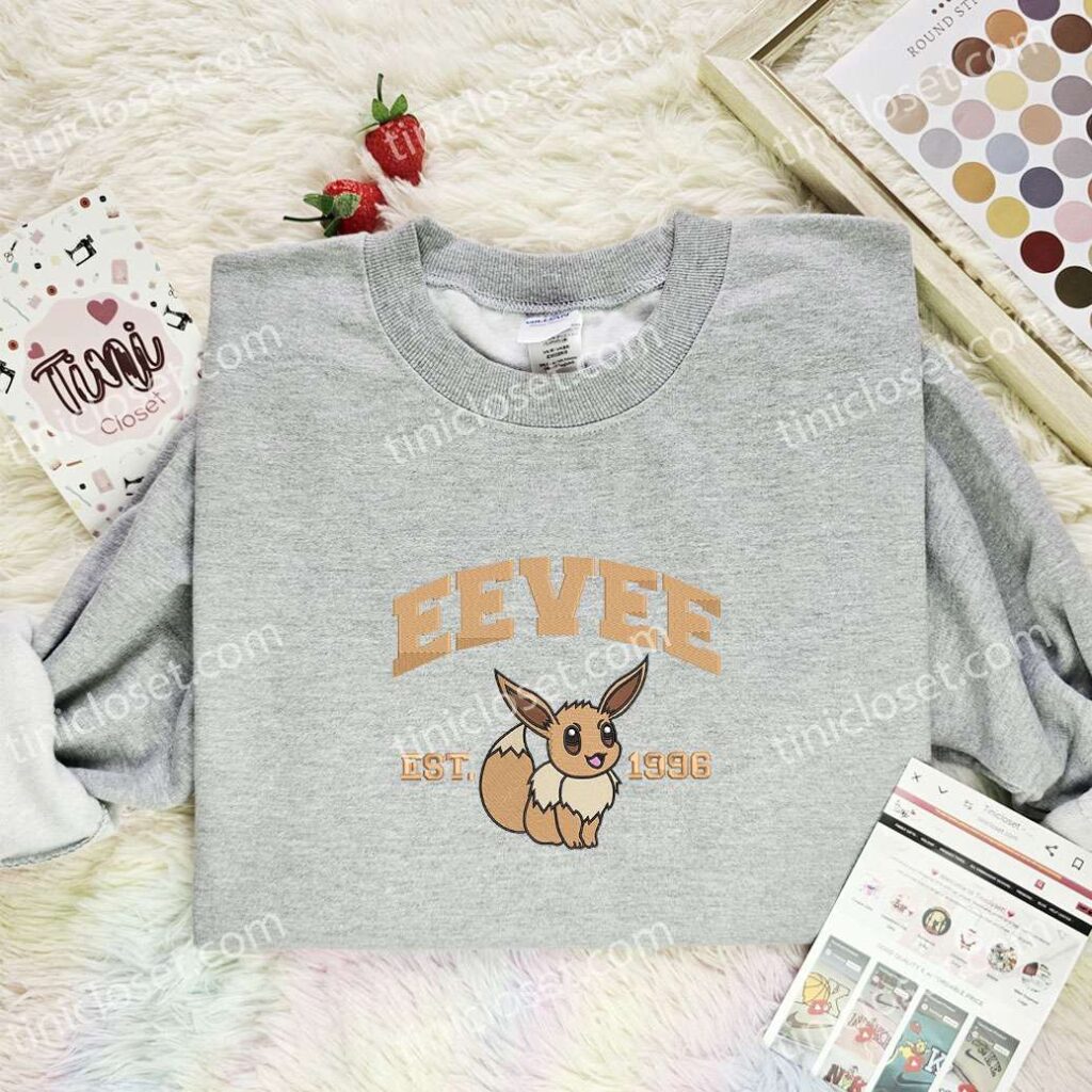 Eevee Embroidered Shirt, Pokemon Embroidered Hoodie, Anime Embroidered Sweatshirt