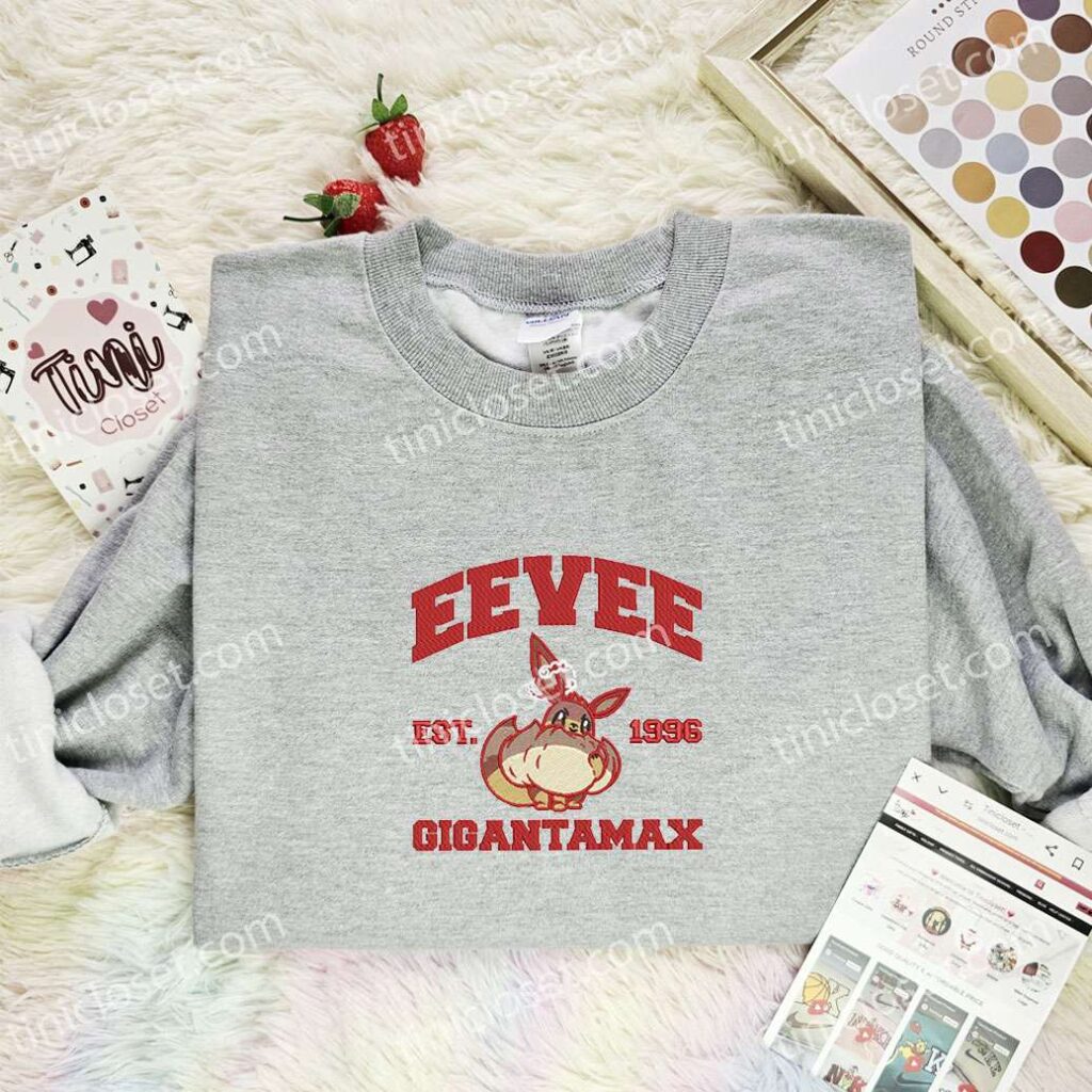 Eevee Gigantamax Embroidered Shirt, Pokemon Embroidered Hoodie, Anime Embroidered Sweatshirt