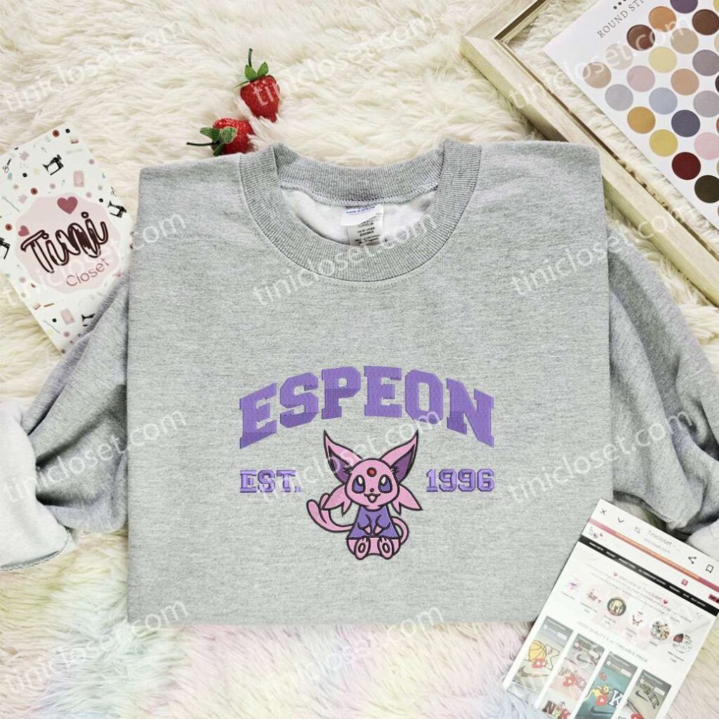 Espeon Embroidered Shirt, Pokemon Embroidered Hoodie, Anime Embroidered Sweatshirt