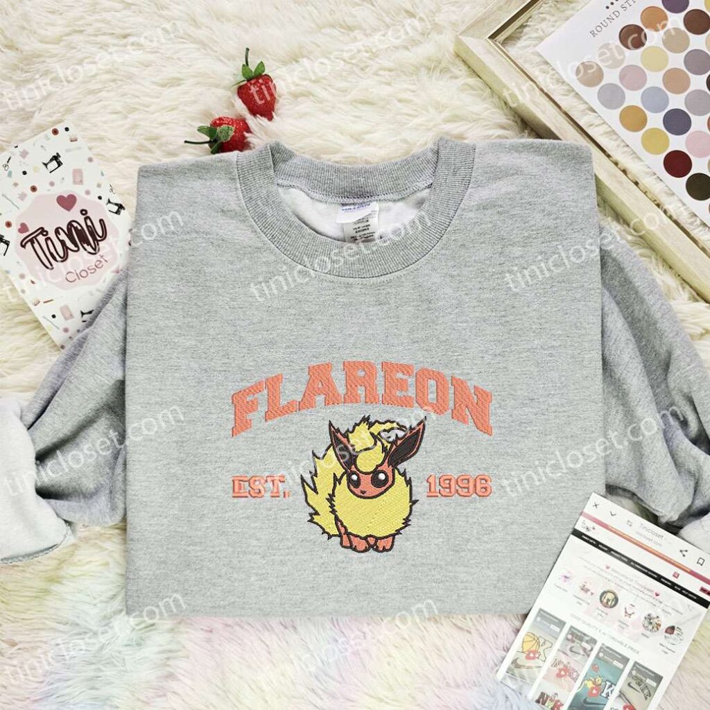 Flareon Embroidered Shirt, Pokemon Embroidered Hoodie, Anime Embroidered Sweatshirt