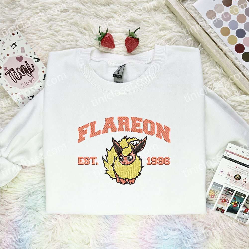Flareon Embroidered Shirt, Pokemon Embroidered Hoodie, Anime Embroidered Sweatshirt