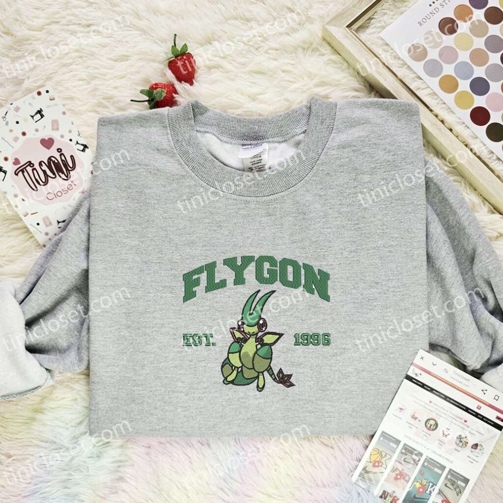 Flygon Embroidered Shirt, Pokemon Embroidered Hoodie, Anime Embroidered Sweatshirt