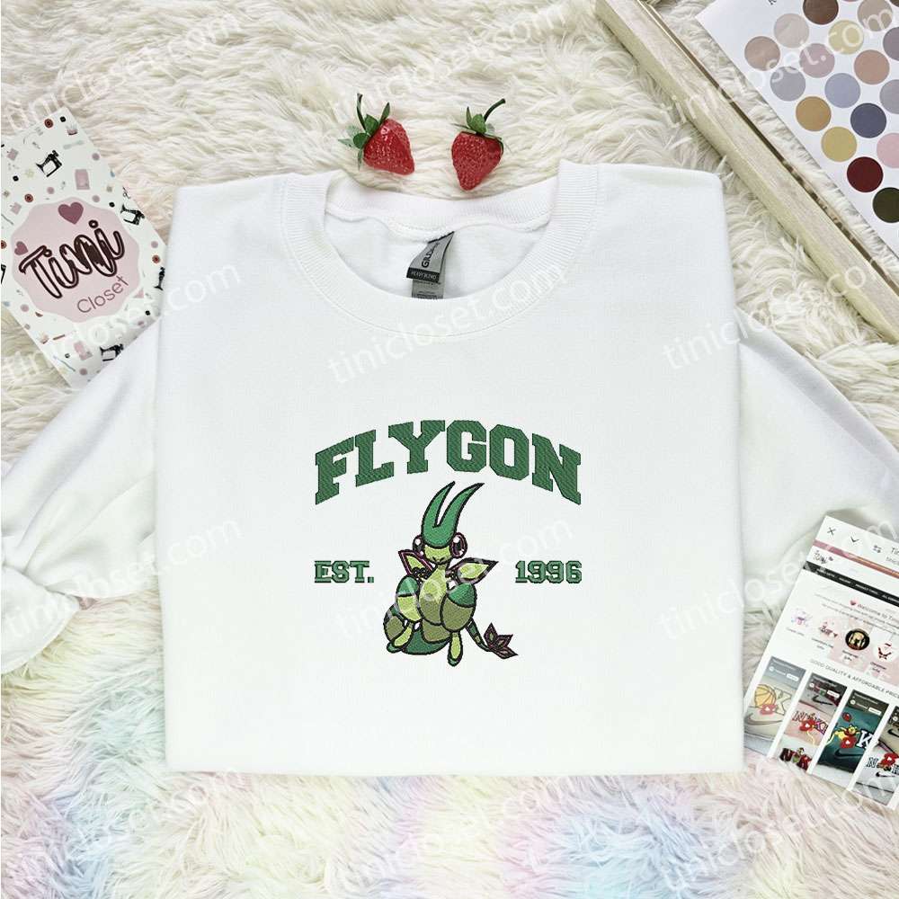 Flygon Embroidered Shirt, Pokemon Embroidered Hoodie, Anime Embroidered Sweatshirt