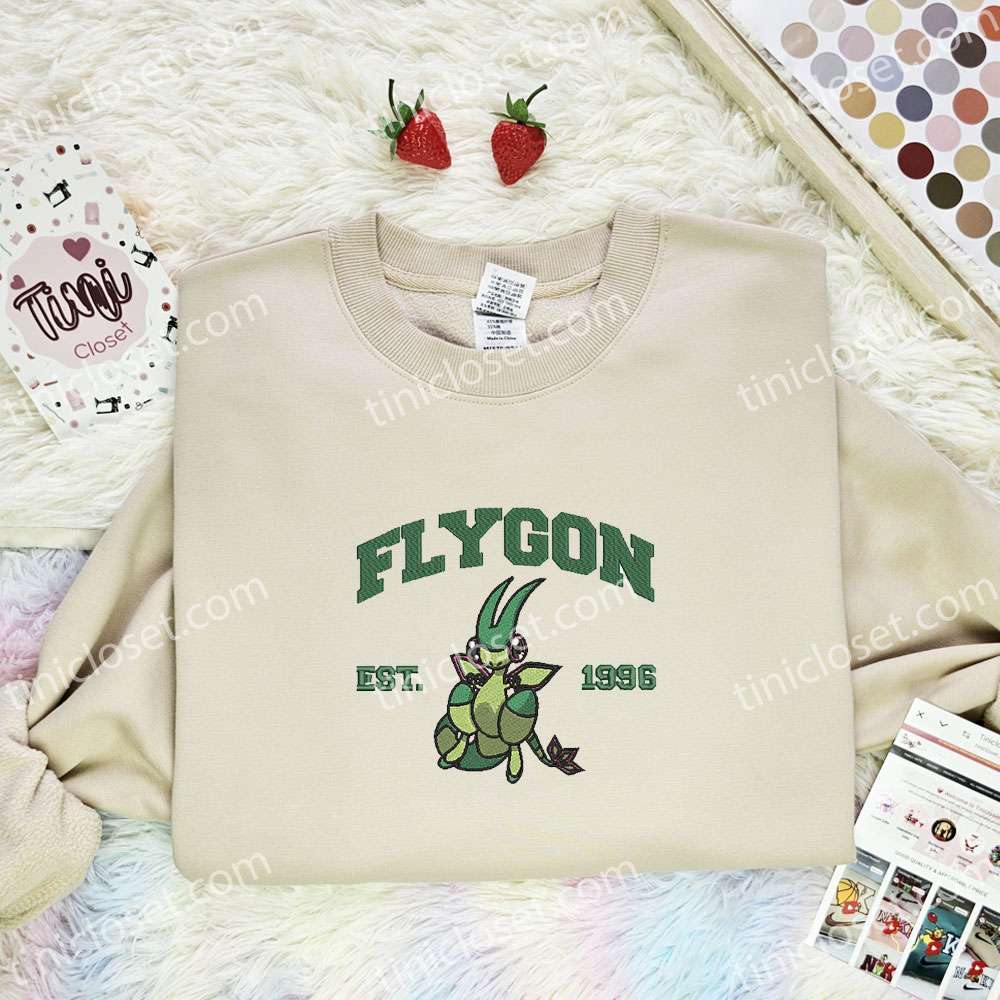 Flygon Embroidered Shirt, Pokemon Embroidered Hoodie, Anime Embroidered Sweatshirt