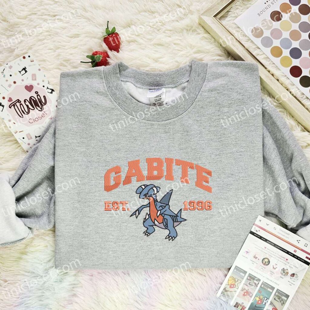 Gabite Embroidered Shirt, Pokemon Embroidered Hoodie, Anime Embroidered Sweatshirt