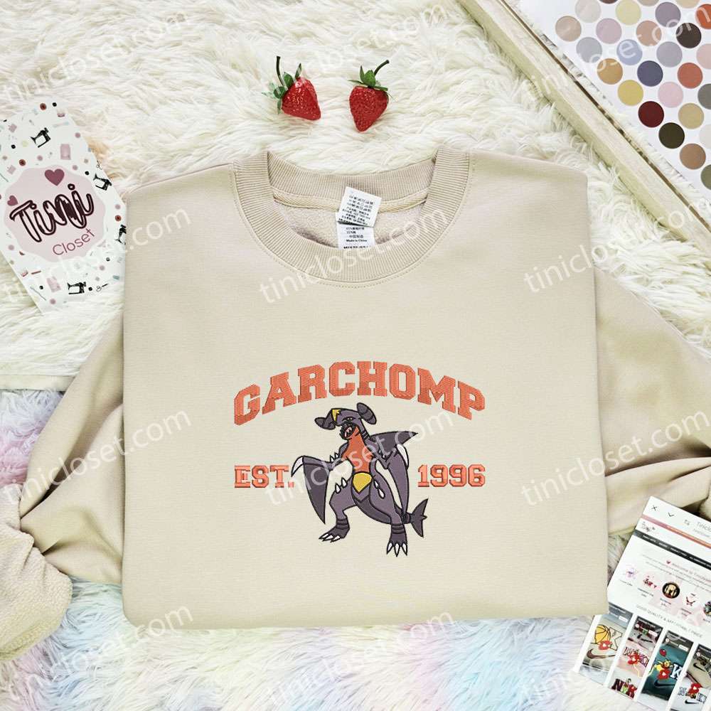 Garchomp Embroidered Shirt, Pokemon Embroidered Hoodie, Anime Embroidered Sweatshirt