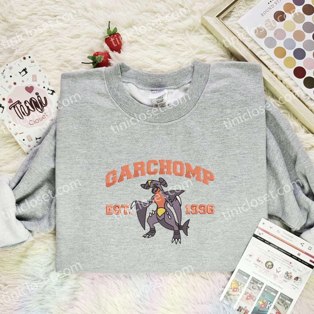 Garchomp Embroidered Shirt, Pokemon Embroidered Hoodie, Anime Embroidered Sweatshirt