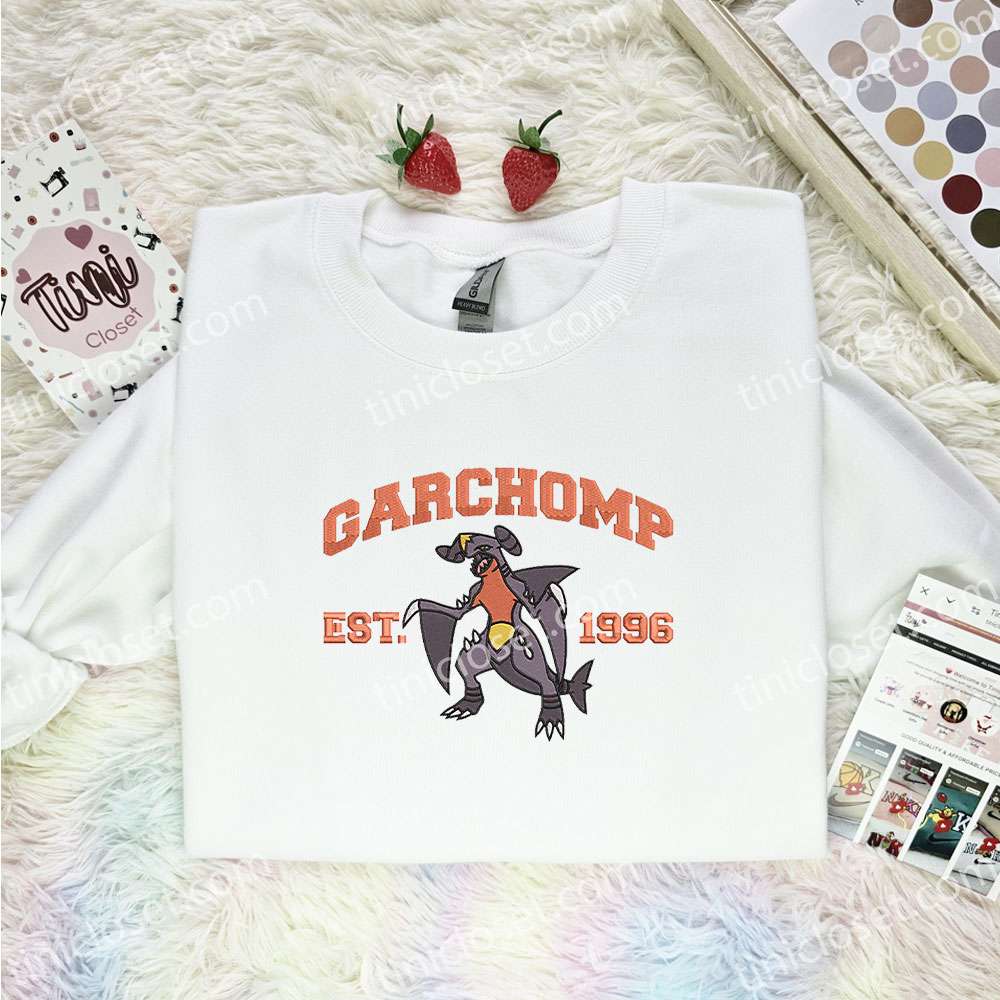 Garchomp Embroidered Shirt, Pokemon Embroidered Hoodie, Anime Embroidered Sweatshirt