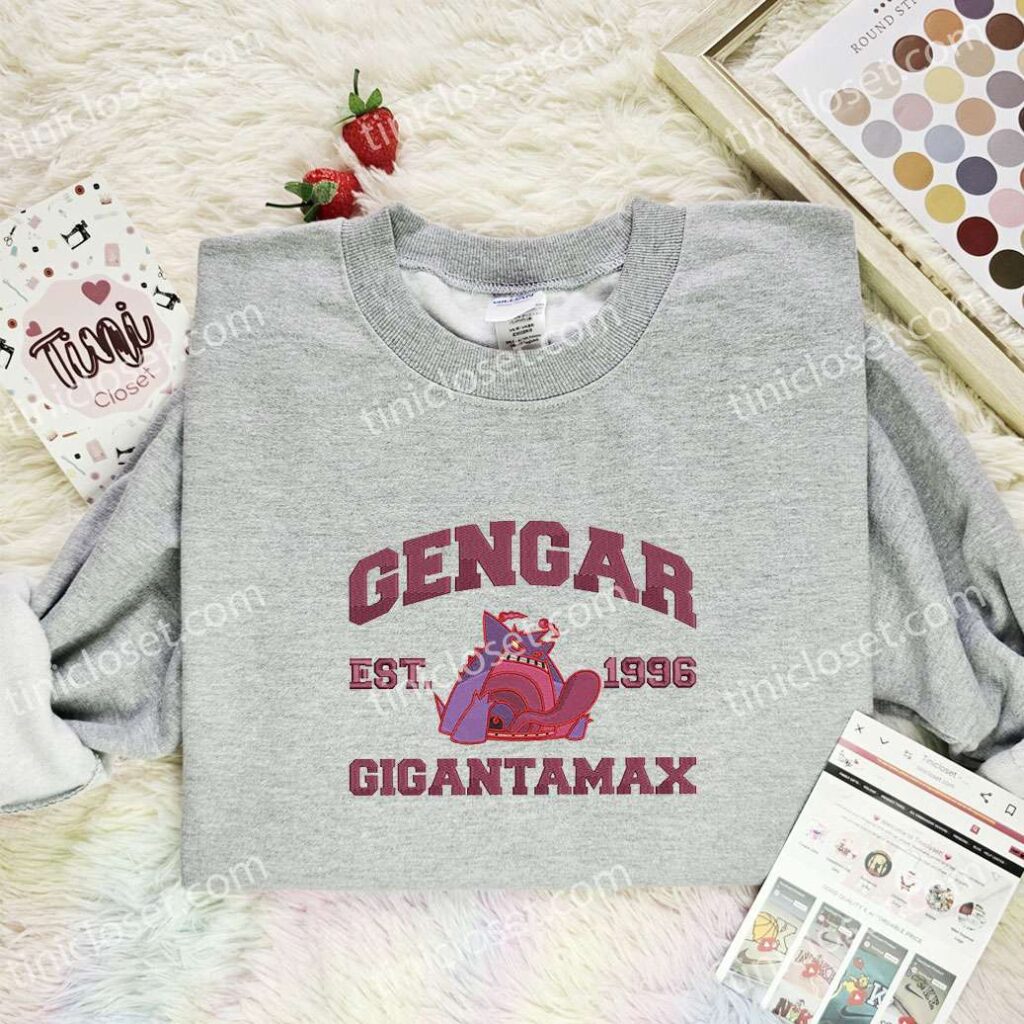 Gengar Embroidered Shirt, Pokemon Embroidered Hoodie, Anime Embroidered Sweatshirt