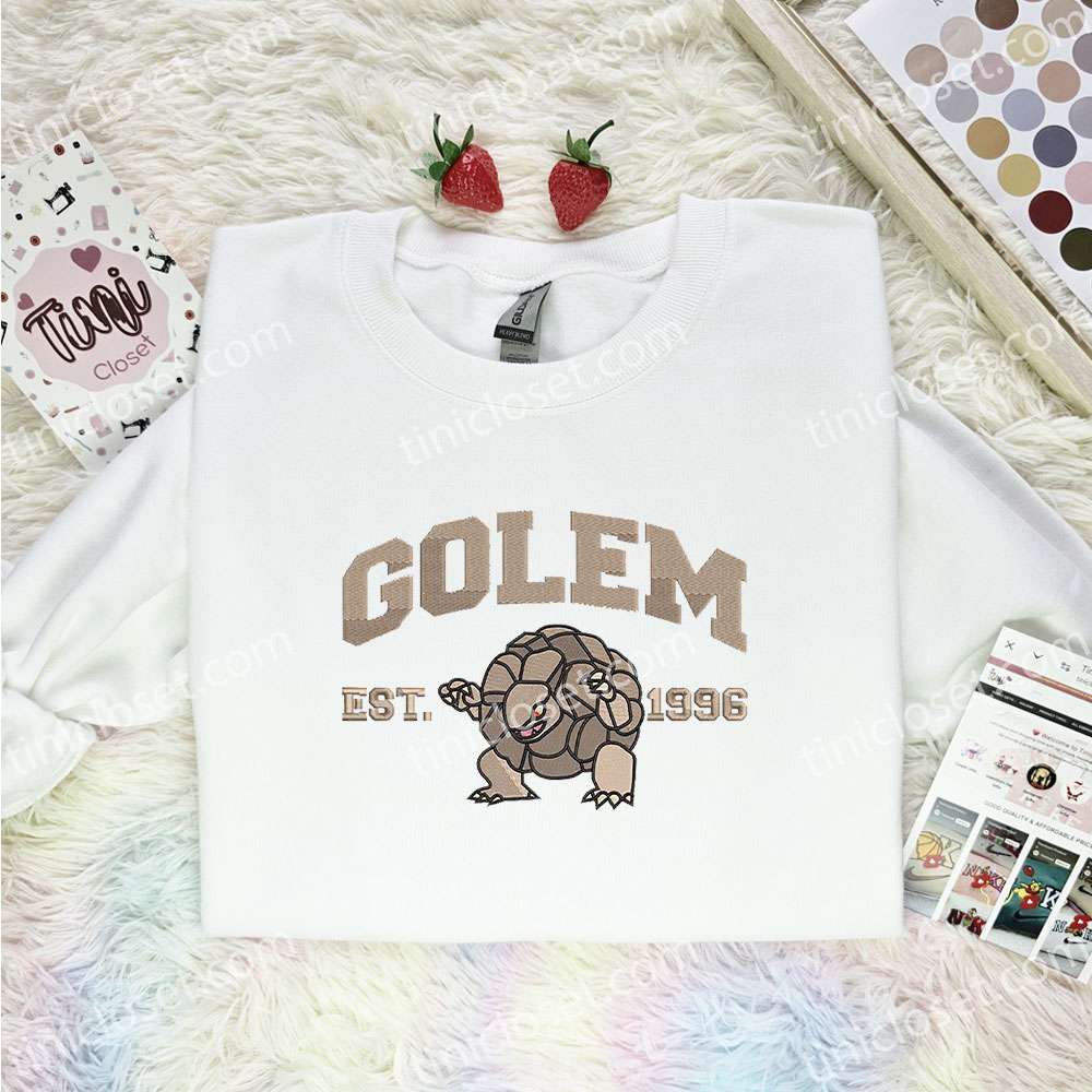 Golem Embroidered Shirt, Pokemon Embroidered Hoodie, Anime Embroidered Sweatshirt
