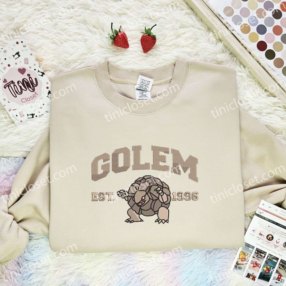 Golem Embroidered Shirt, Pokemon Embroidered Hoodie, Anime Embroidered Sweatshirt