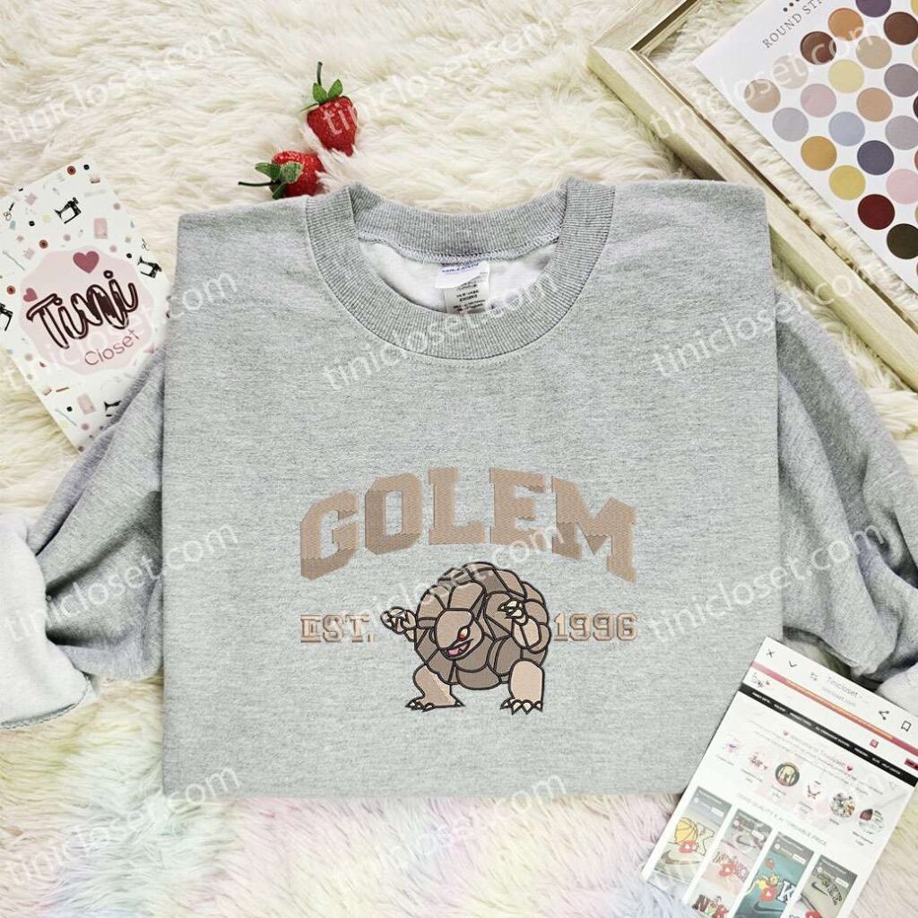 Golem Embroidered Shirt, Pokemon Embroidered Hoodie, Anime Embroidered Sweatshirt