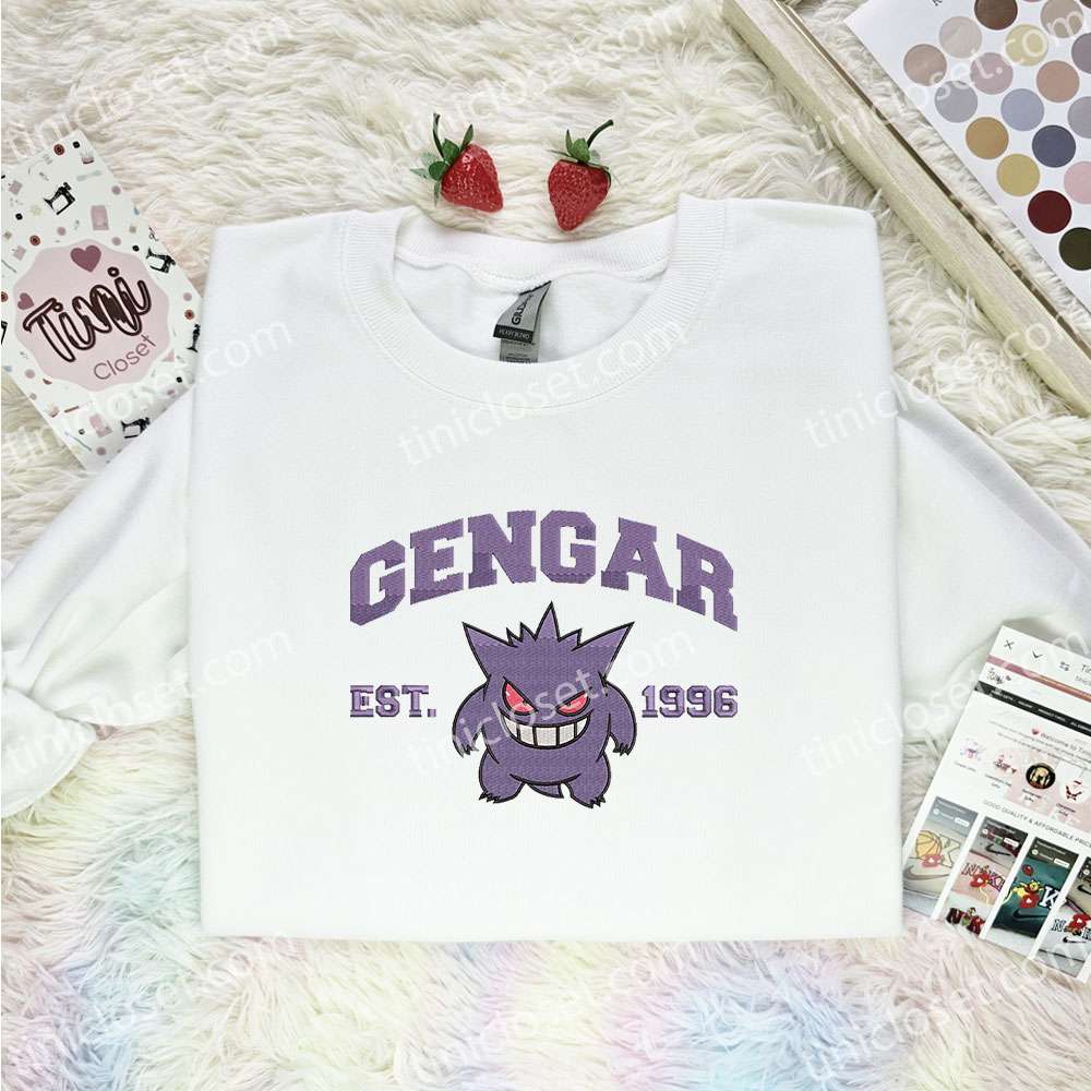 Gengar Embroidered Shirt, Pokemon Embroidered Hoodie, Anime Embroidered Sweatshirt