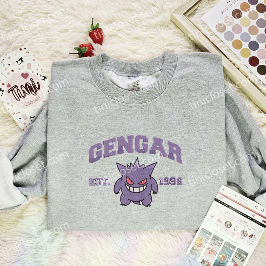 Gengar Embroidered Shirt, Pokemon Embroidered Hoodie, Anime Embroidered Sweatshirt