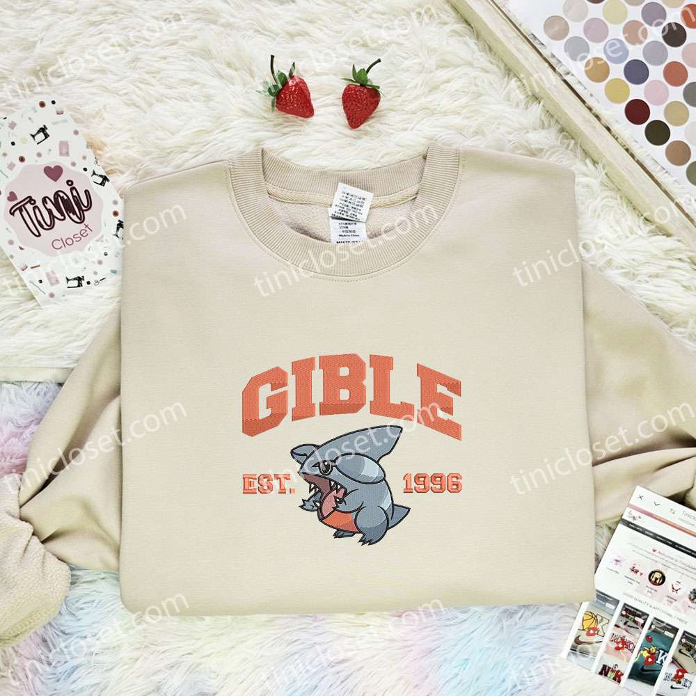 Gible Embroidered Shirt, Pokemon Embroidered Hoodie, Anime Embroidered Sweatshirt