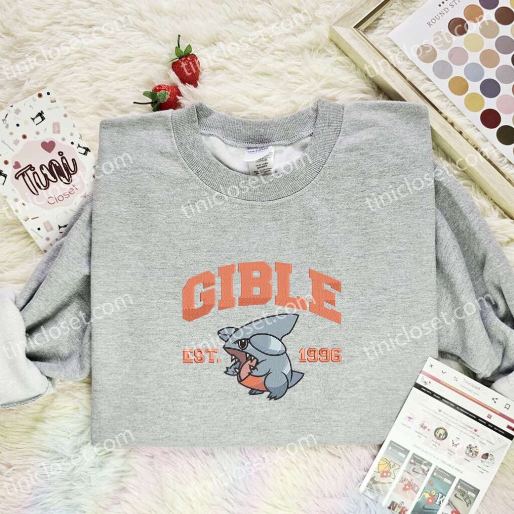 Gible Embroidered Shirt, Pokemon Embroidered Hoodie, Anime Embroidered Sweatshirt