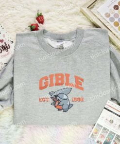 Gible Embroidered Shirt, Pokemon Embroidered Hoodie, Anime Embroidered Sweatshirt (2)