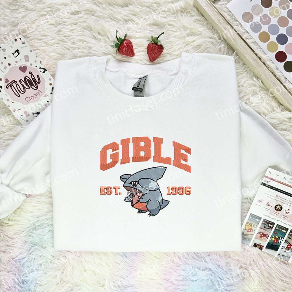 Gible Embroidered Shirt, Pokemon Embroidered Hoodie, Anime Embroidered Sweatshirt