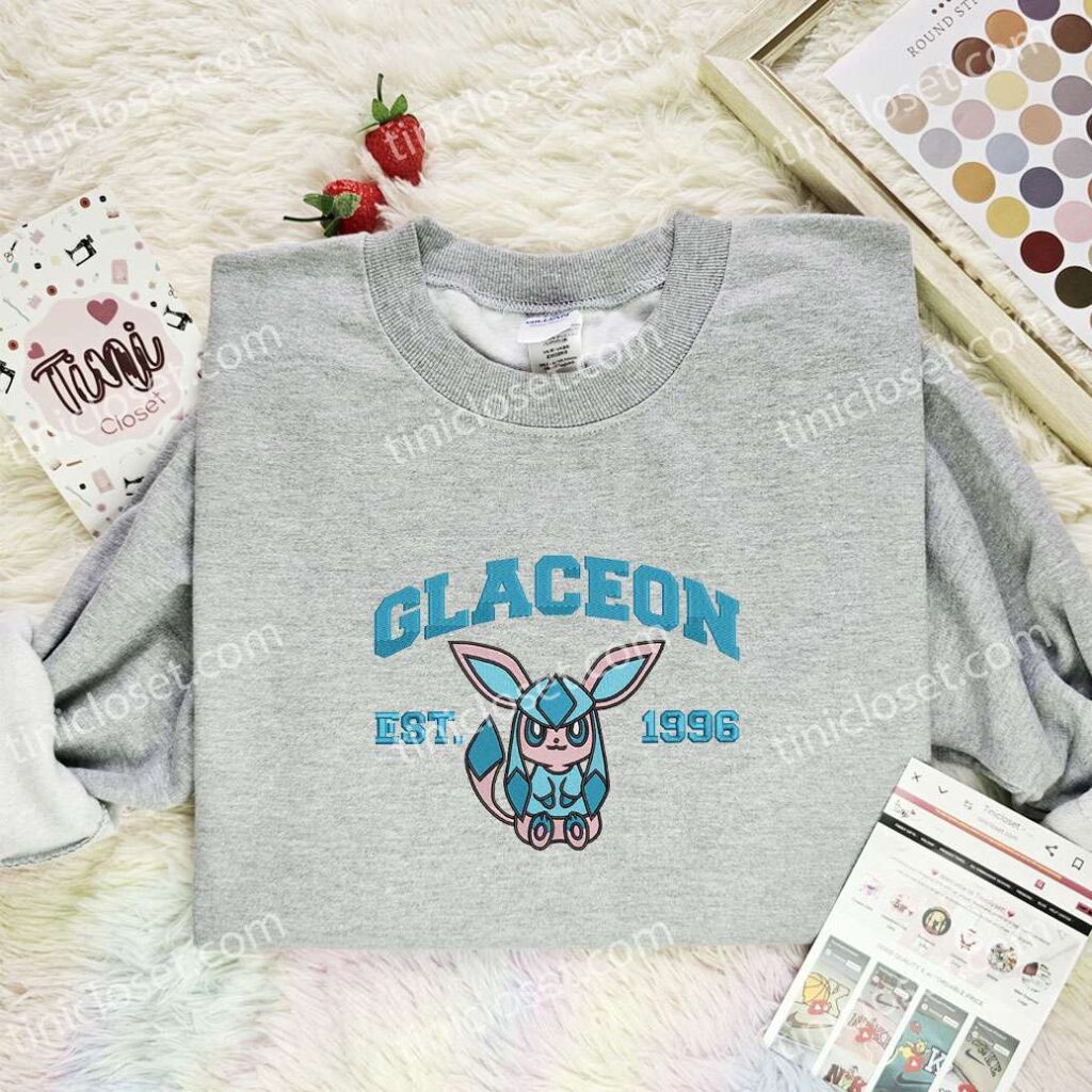 Glaceon Embroidered Shirt, Pokemon Embroidered Hoodie, Anime Embroidered Sweatshirt