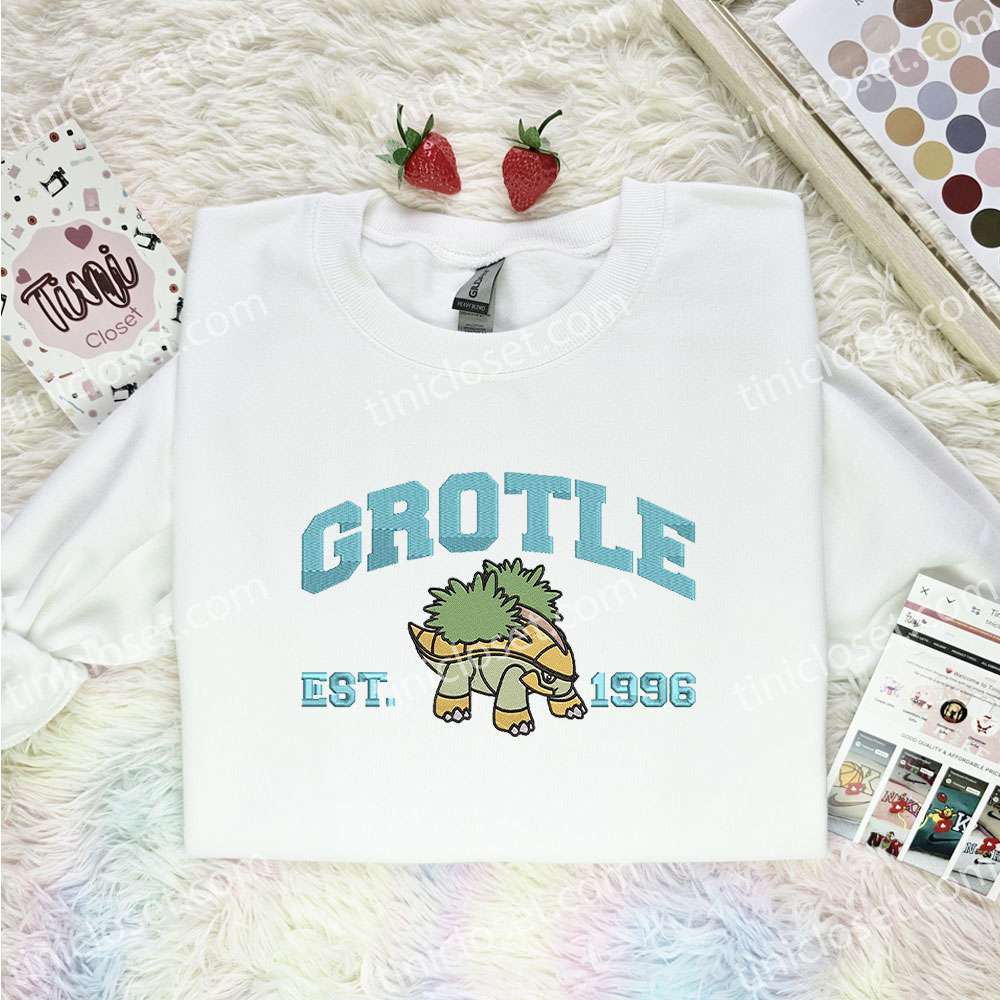 Grotle Embroidered Shirt, Pokemon Embroidered Hoodie, Anime Embroidered Sweatshirt