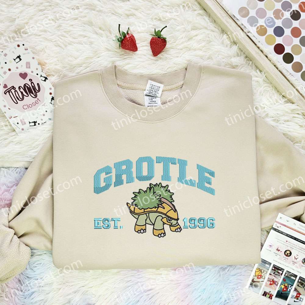 Grotle Embroidered Shirt, Pokemon Embroidered Hoodie, Anime Embroidered Sweatshirt