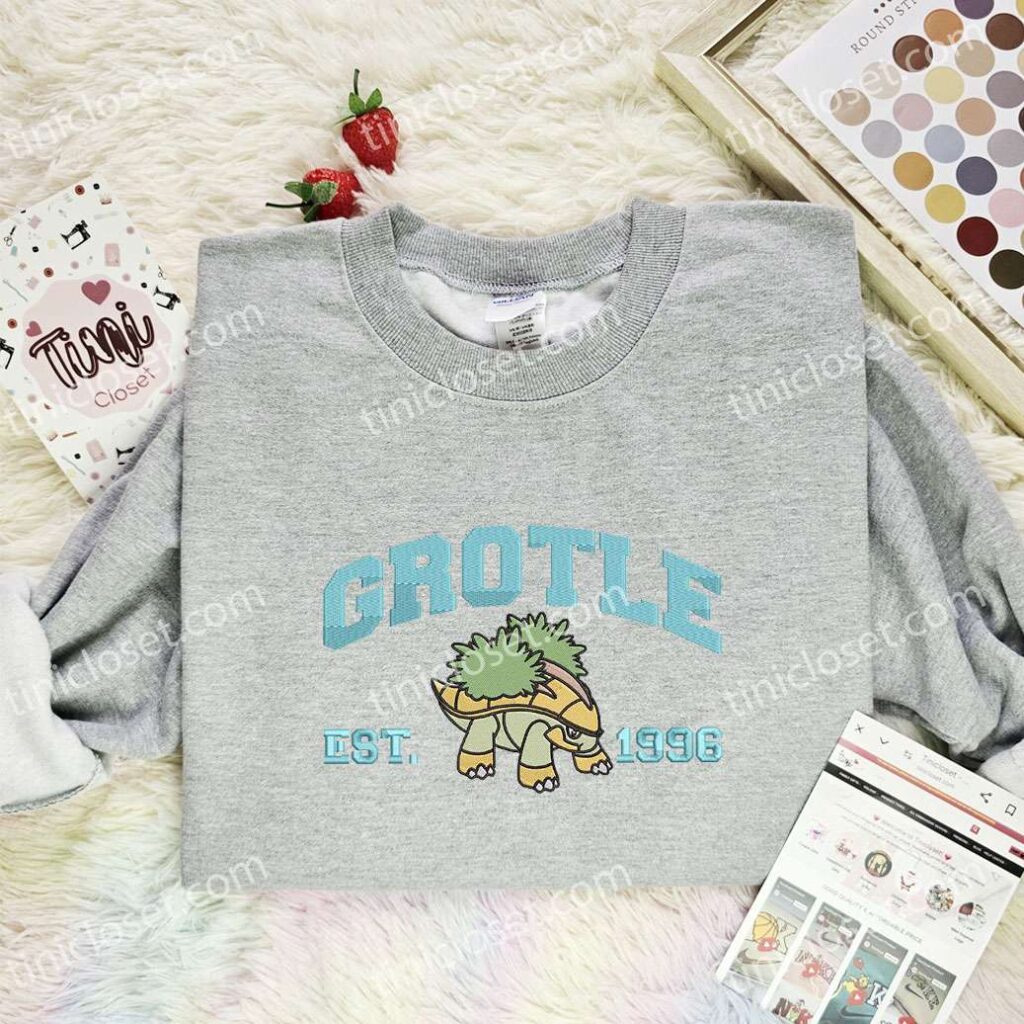 Grotle Embroidered Shirt, Pokemon Embroidered Hoodie, Anime Embroidered Sweatshirt