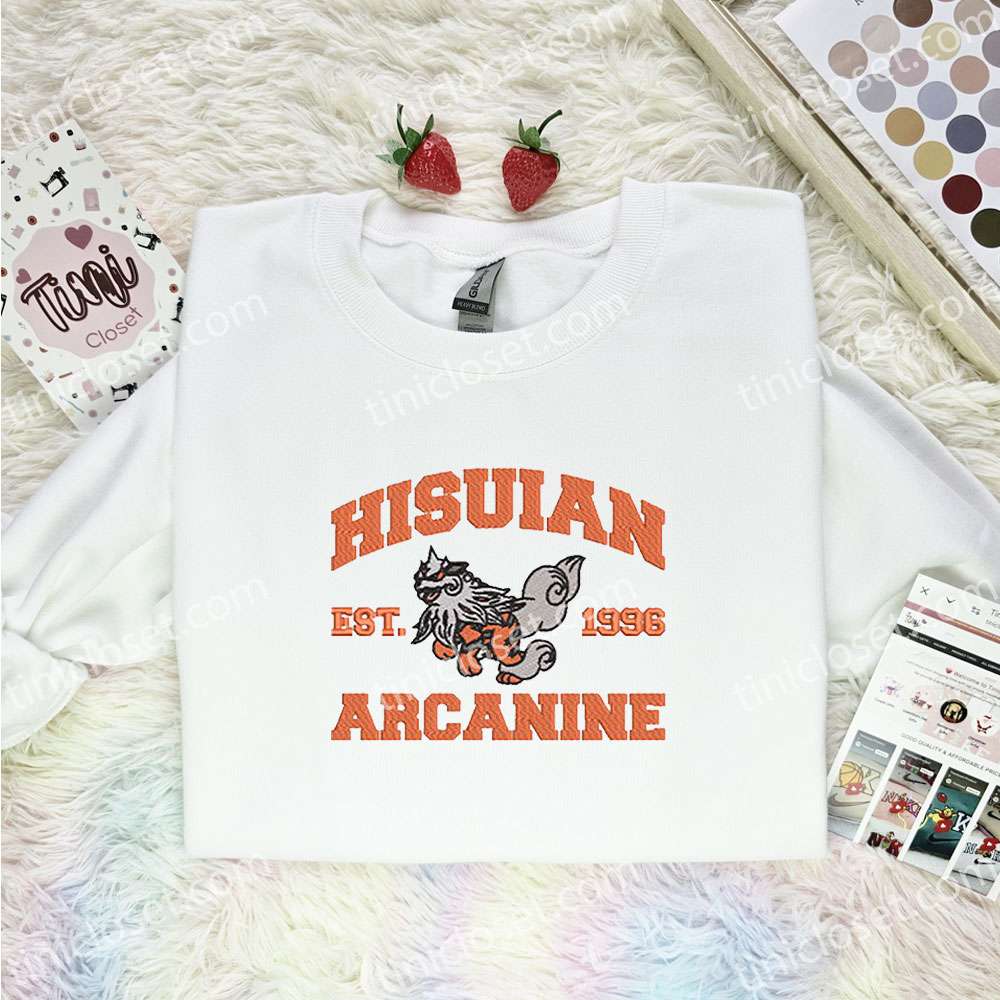Hisuian Arcanine Embroidered Shirt, Pokemon Embroidered Hoodie, Anime Embroidered Sweatshirt