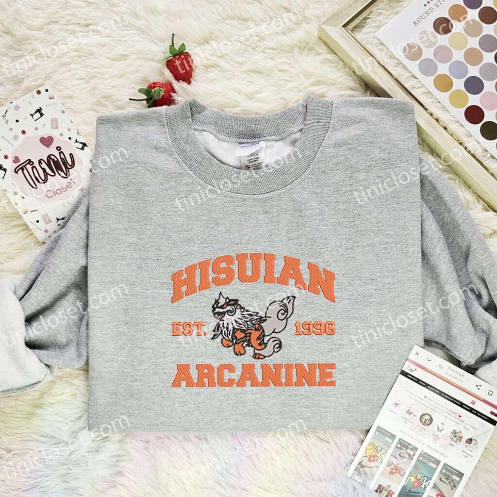 Hisuian Arcanine Embroidered Shirt, Pokemon Embroidered Hoodie, Anime Embroidered Sweatshirt