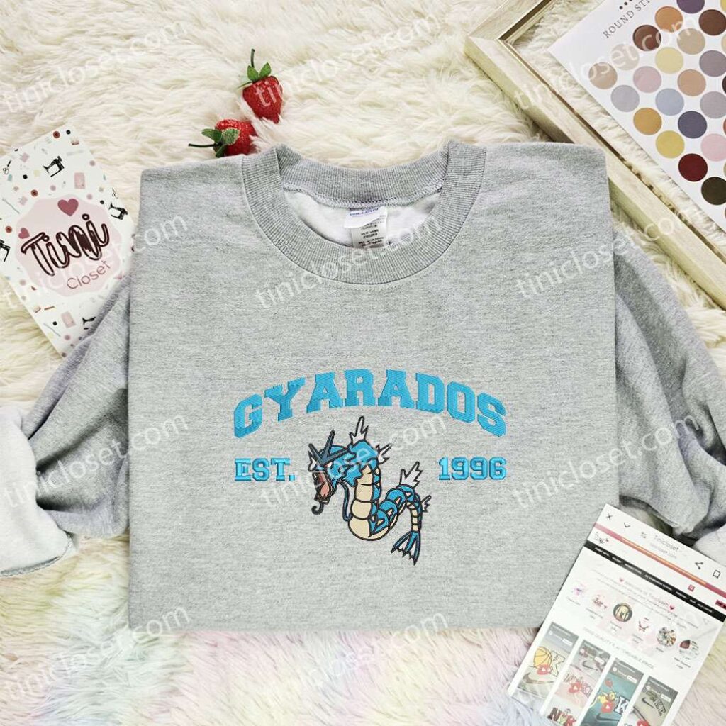 Gyarados Embroidered Shirt, Pokemon Embroidered Hoodie, Anime Embroidered Sweatshirt