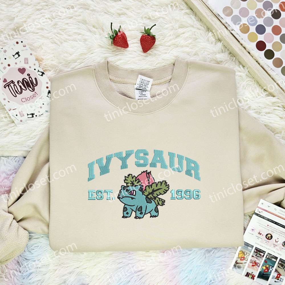 Ivysaur Embroidered Shirt, Pokemon Embroidered Hoodie, Anime Embroidered Sweatshirt