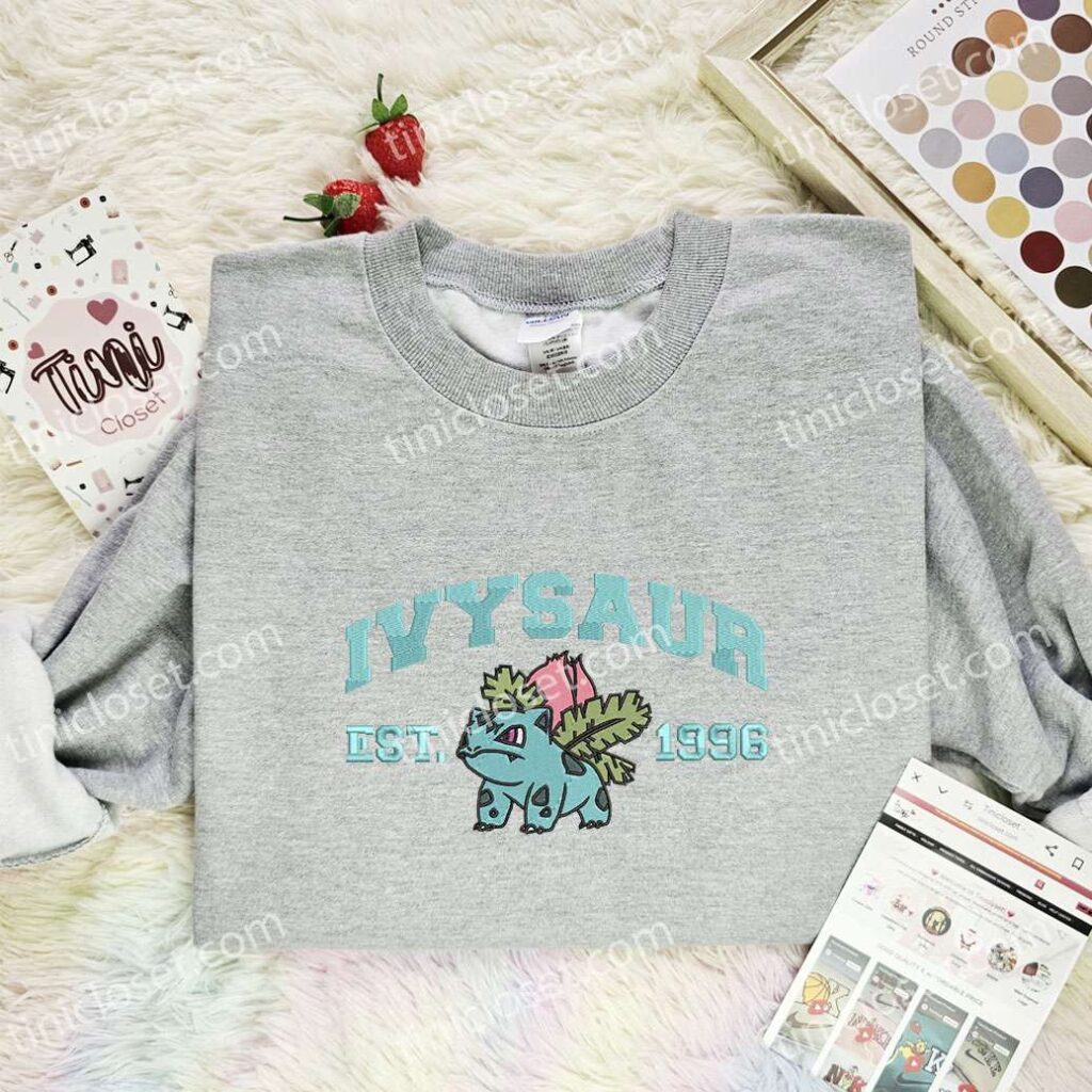Ivysaur Embroidered Shirt, Pokemon Embroidered Hoodie, Anime Embroidered Sweatshirt
