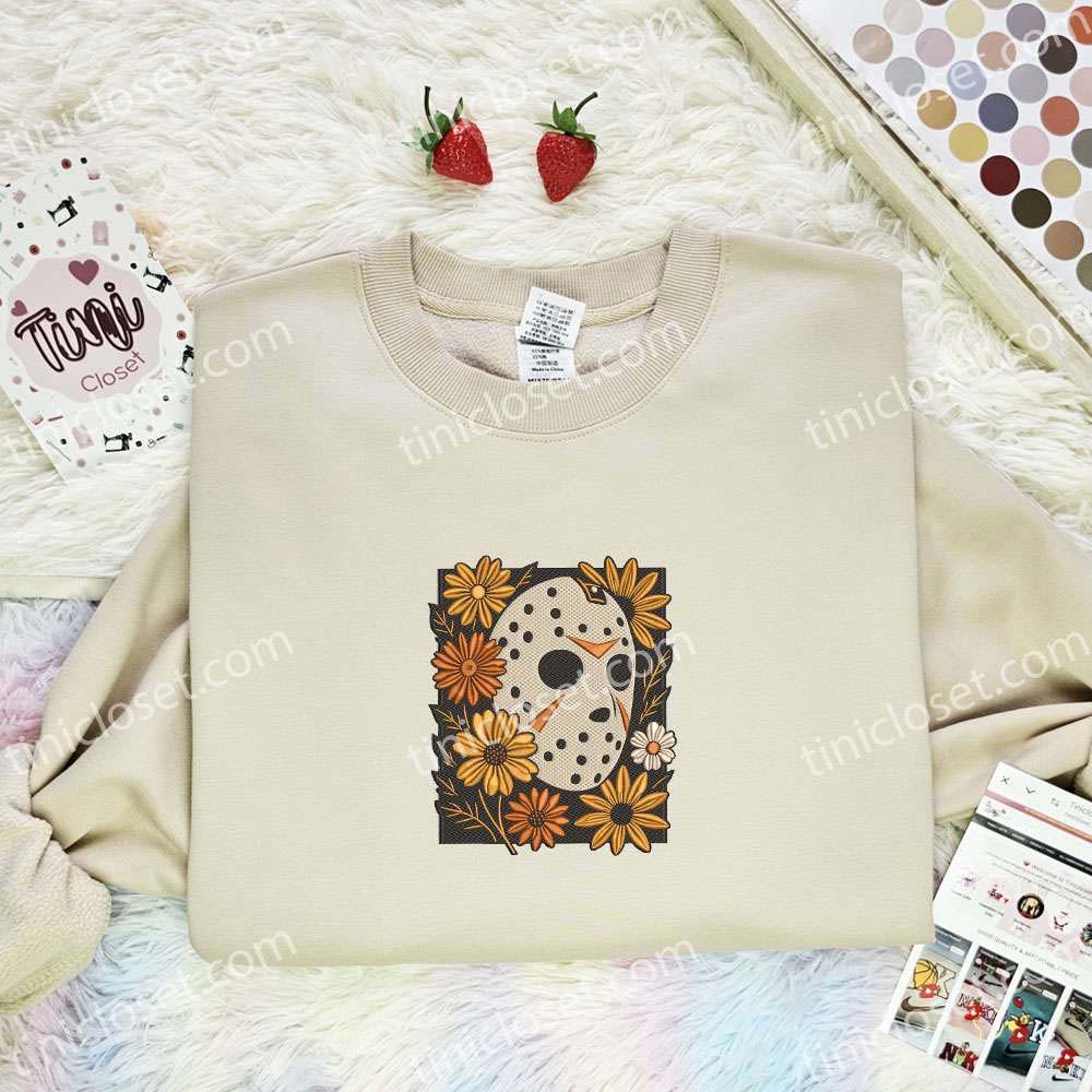 Jason Voorhees Mask Embroidered Shirt, Horror Movie Embroidered Hoodie, Halloween Embroidered T-Shirt
