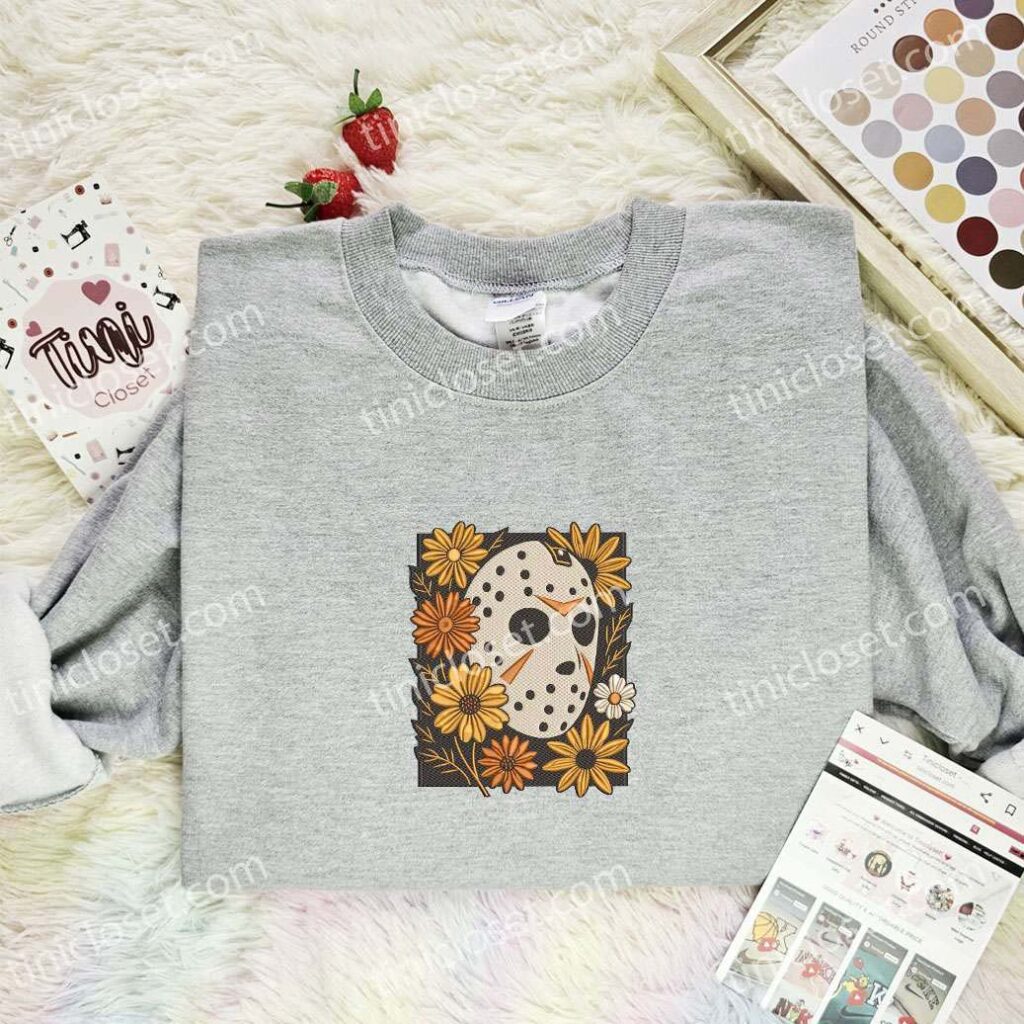 Jason Voorhees Mask Embroidered Shirt, Horror Movie Embroidered Hoodie, Halloween Embroidered T-Shirt