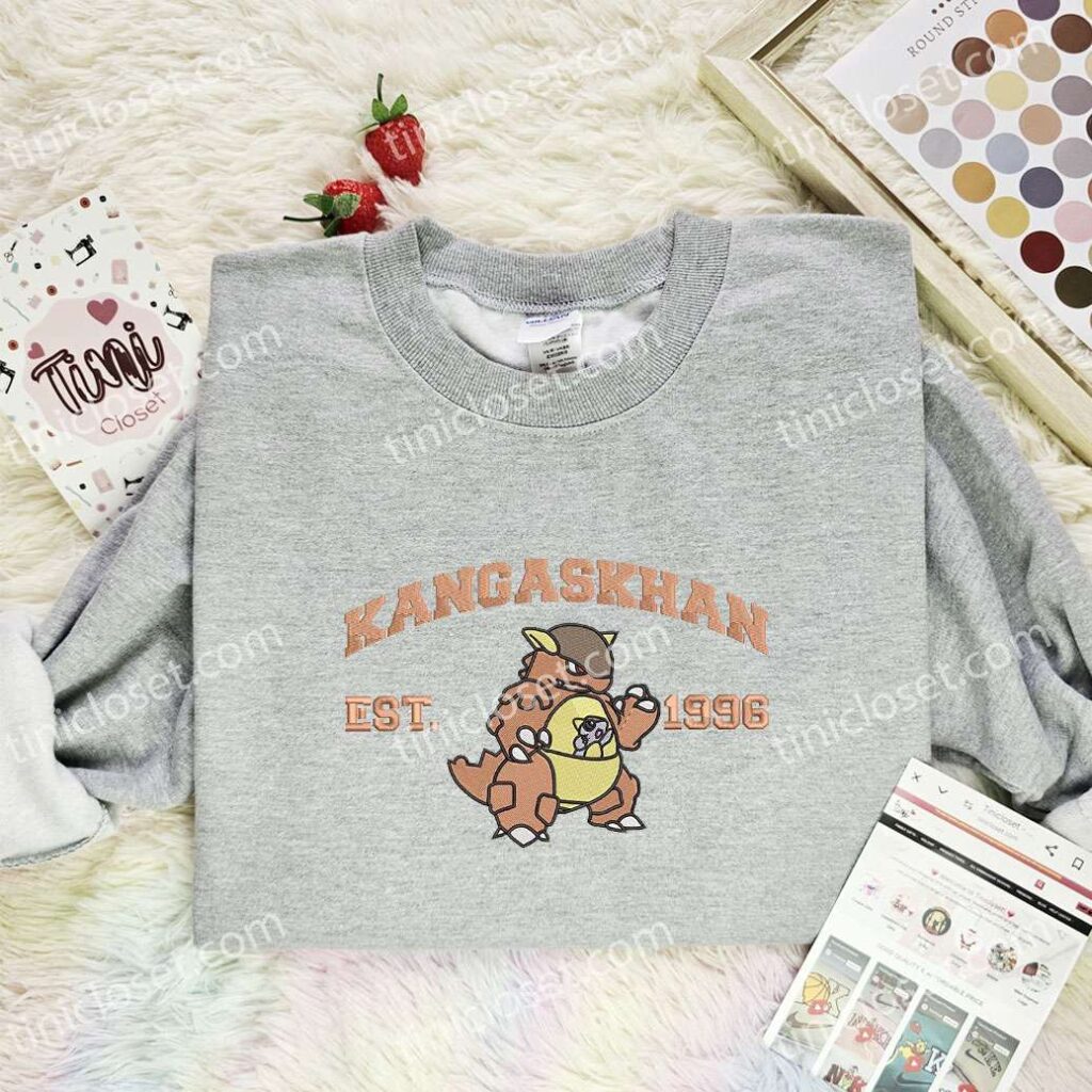 Kangaskhan Embroidered Shirt, Pokemon Embroidered Hoodie, Anime Embroidered Sweatshirt