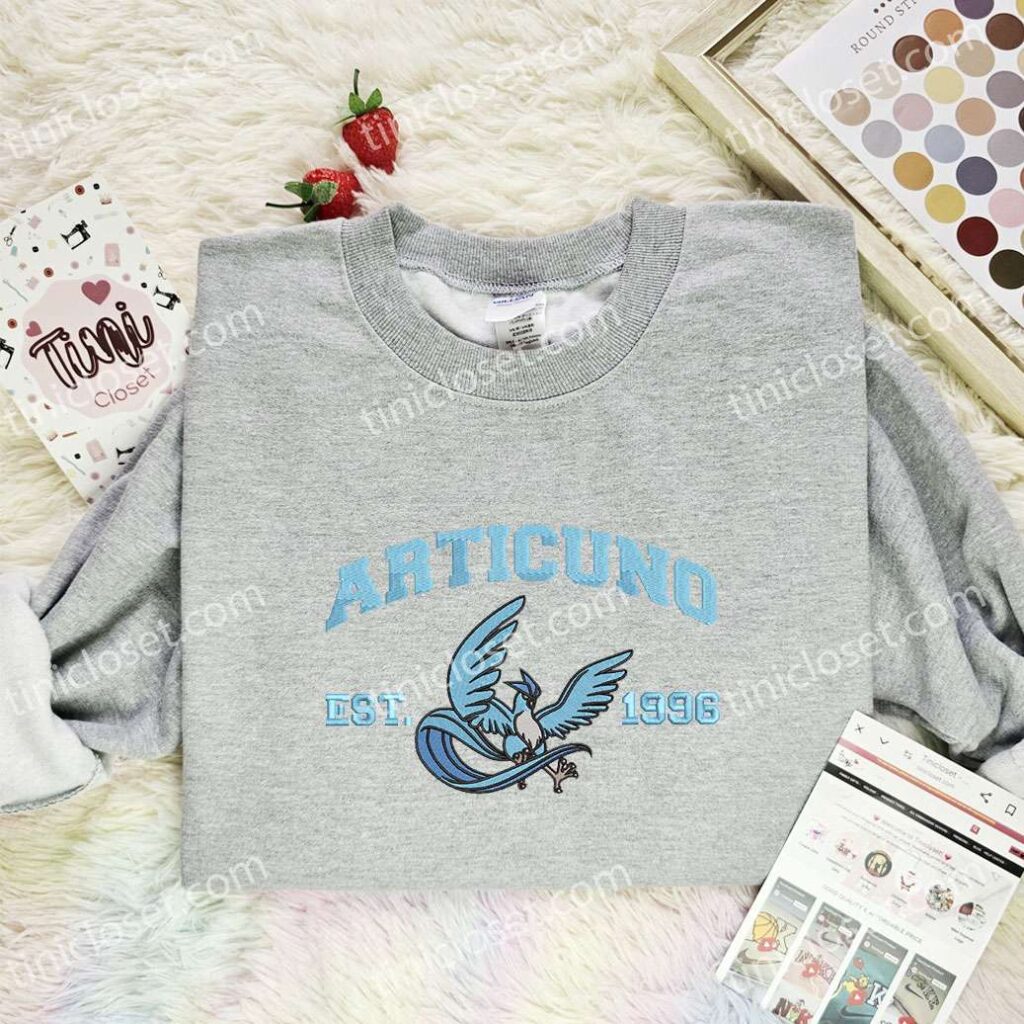 Articuno Embroidered Shirt, Pokemon Embroidered Hoodie, Anime Embroidered Sweatshirt