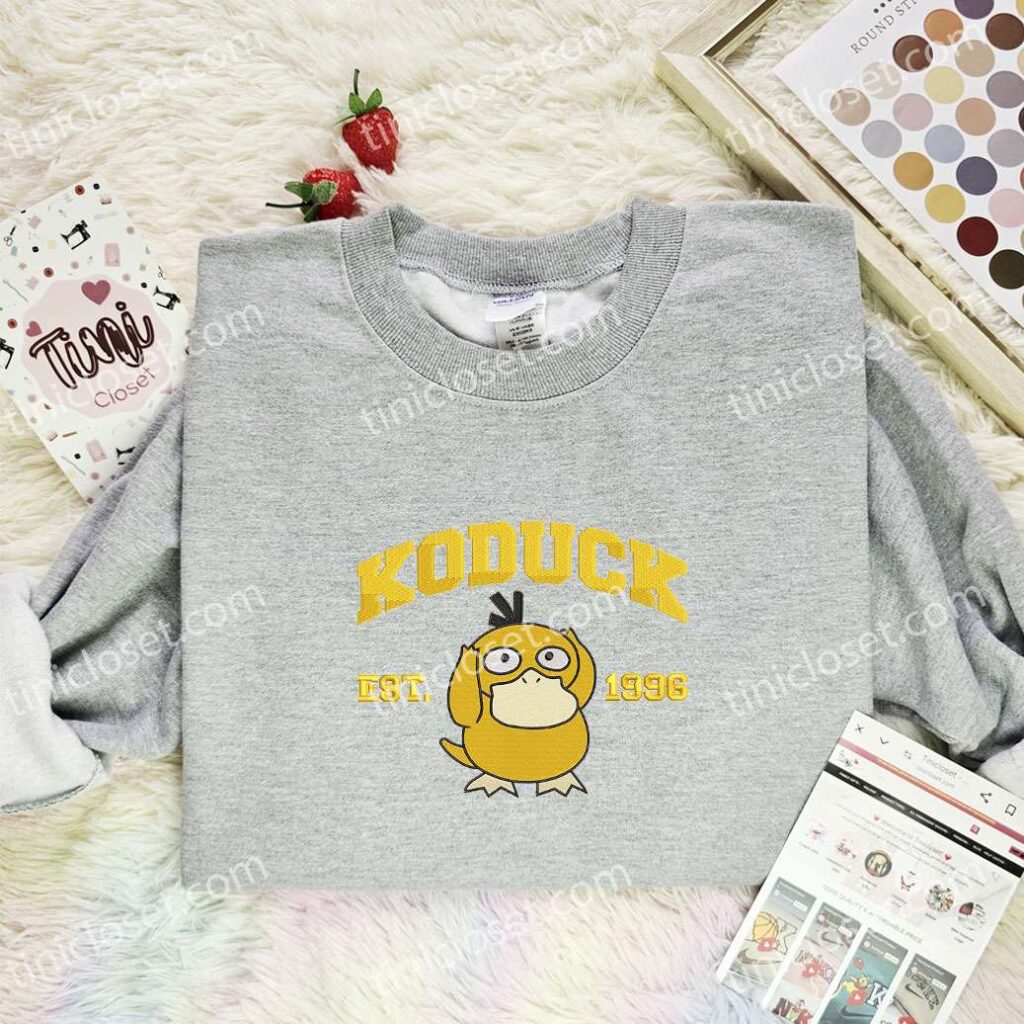 Koduck Embroidered Shirt, Pokemon Embroidered Hoodie, Anime Embroidered Sweatshirt