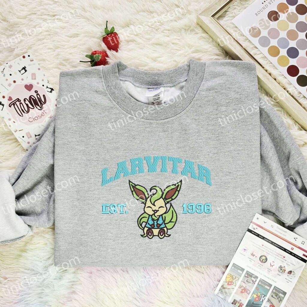 Larvitar Embroidered Shirt, Pokemon Embroidered Hoodie, Anime Embroidered Sweatshirt
