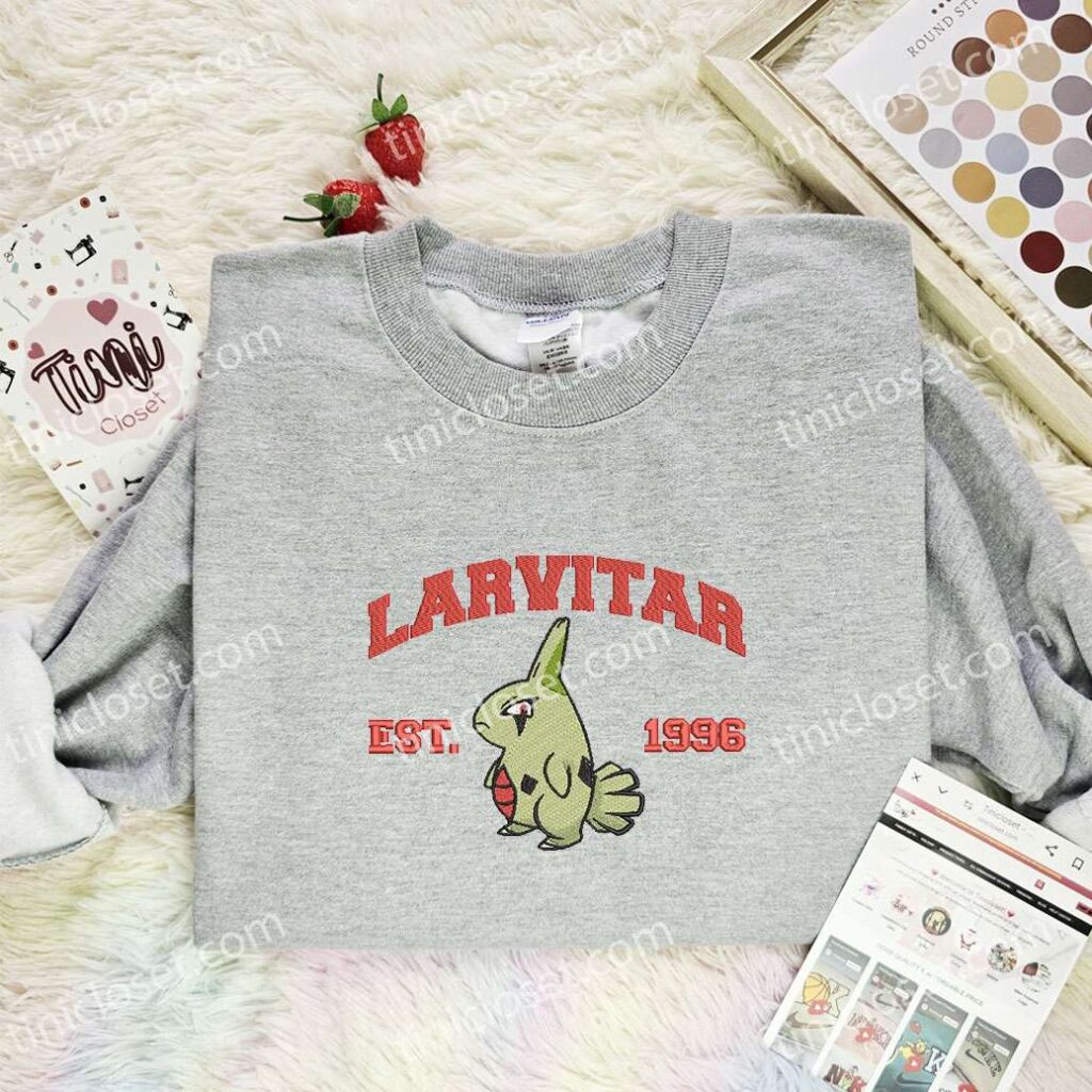 Larvitar Embroidered Shirt, Pokemon Embroidered Hoodie, Anime Embroidered Sweatshirt