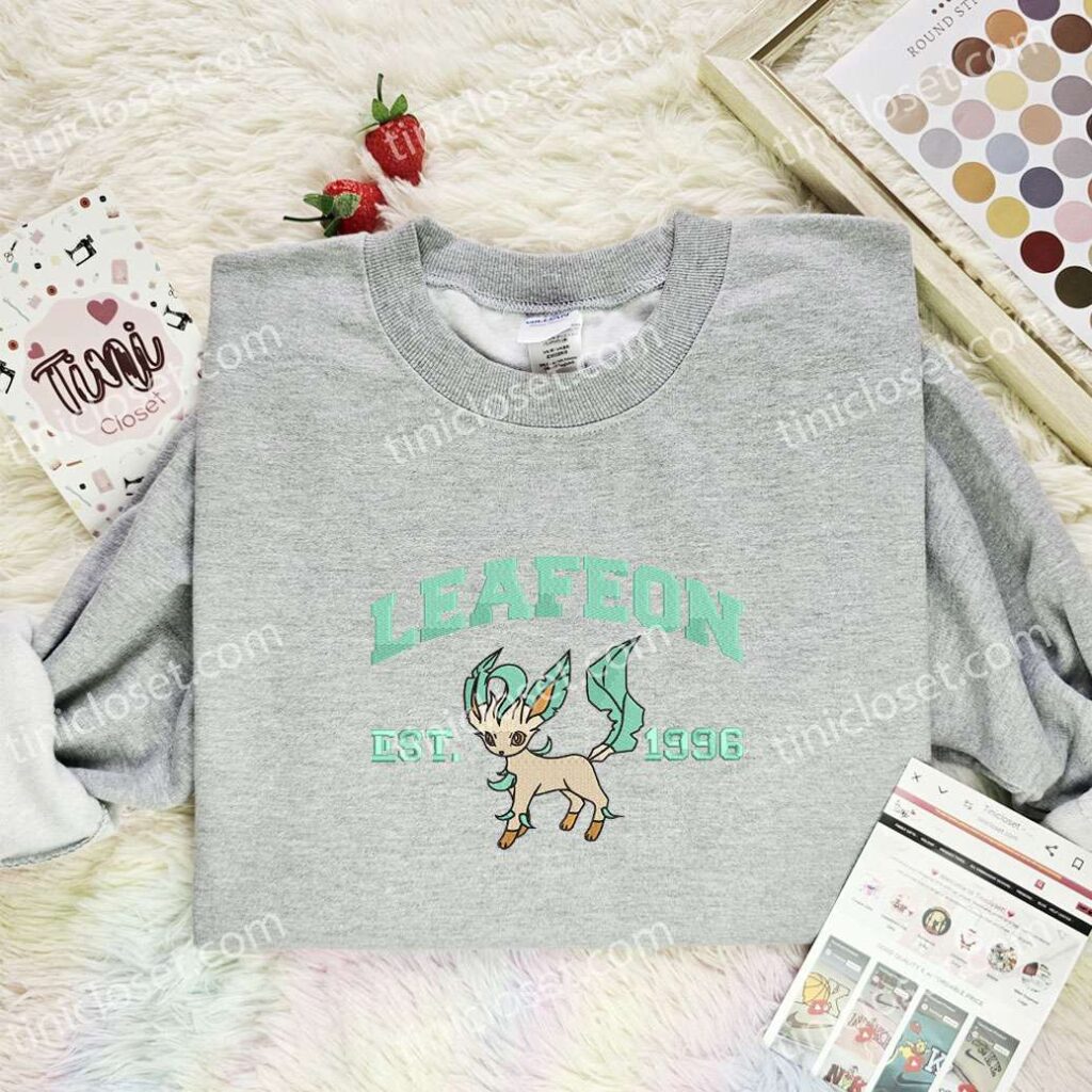 Leafeon Embroidered Shirt, Pokemon Embroidered Hoodie, Anime Embroidered Sweatshirt