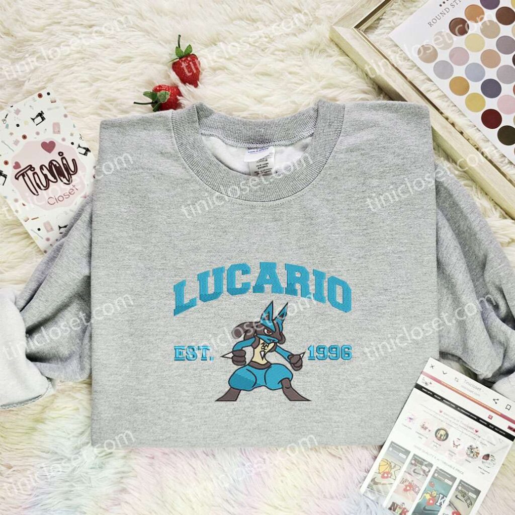 Lucario Embroidered Shirt, Pokemon Embroidered Hoodie, Anime Embroidered Sweatshirt