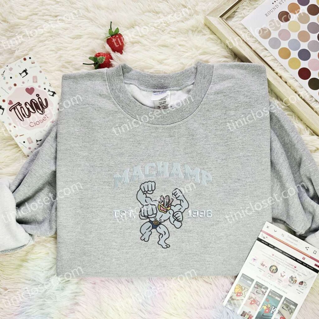 Machamp Embroidered Shirt, Pokemon Embroidered Hoodie, Anime Embroidered Sweatshirt