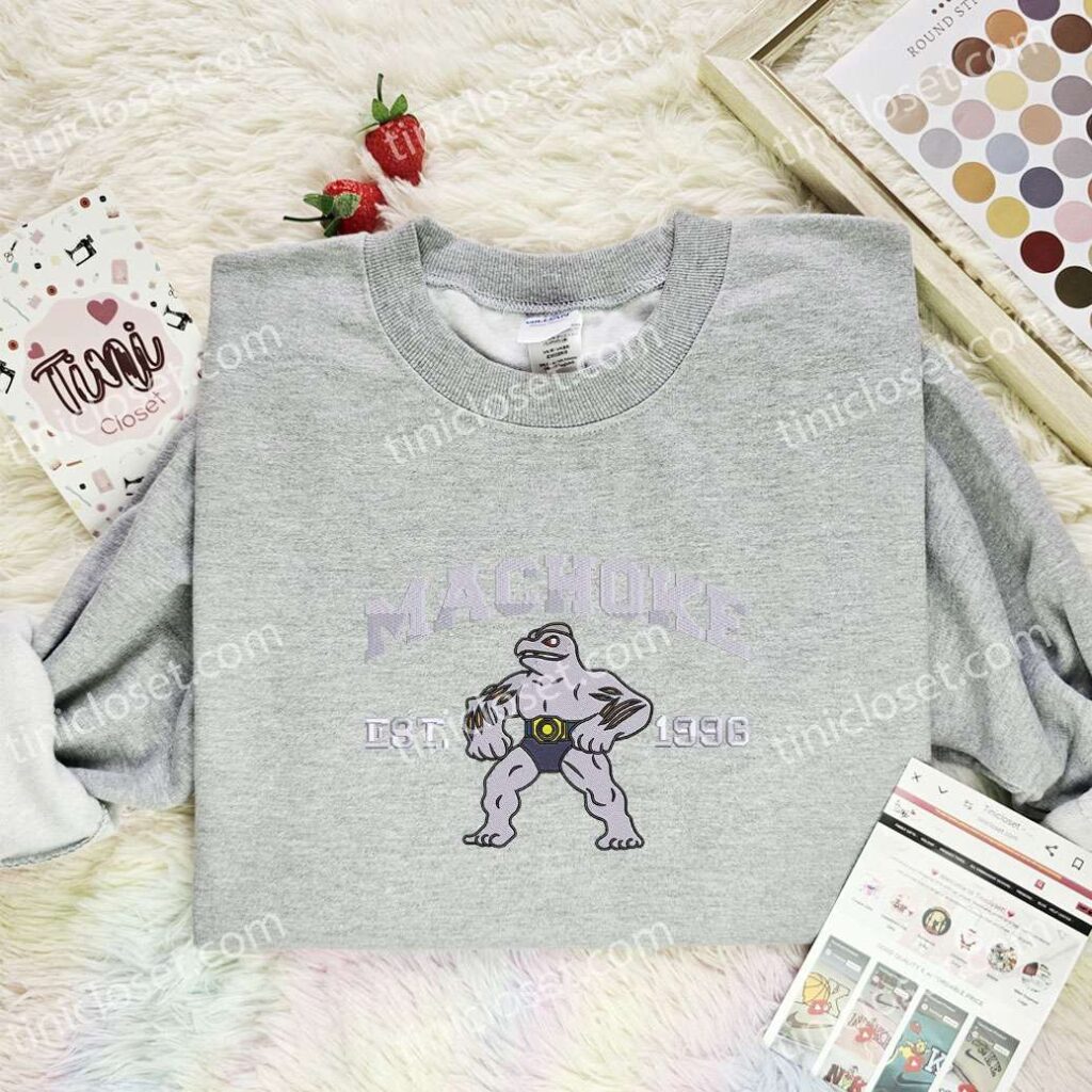 Machoke Embroidered Shirt, Pokemon Embroidered Hoodie, Anime Embroidered Sweatshirt
