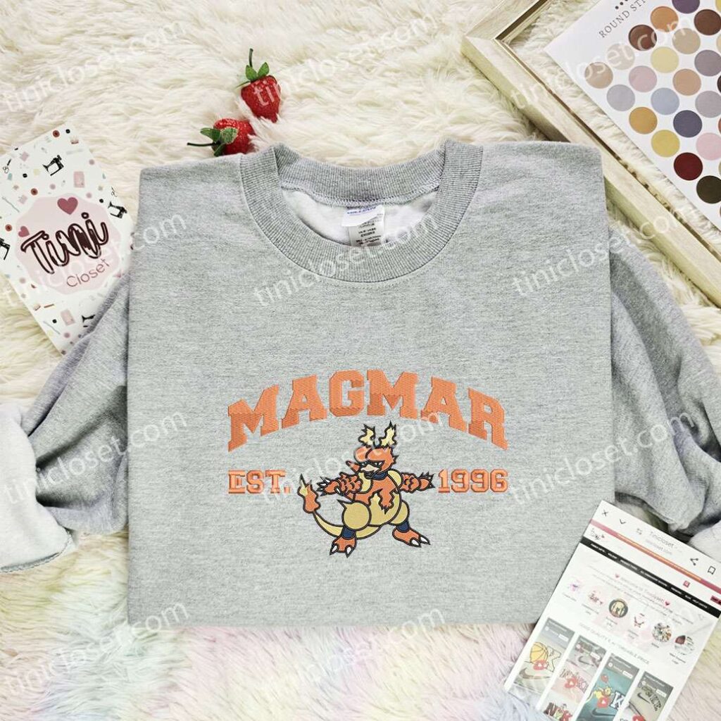 Magmar Embroidered Shirt, Pokemon Embroidered Hoodie, Anime Embroidered Sweatshirt