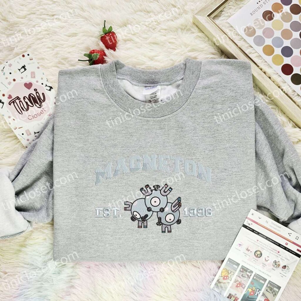 Magneton Embroidered Shirt, Pokemon Embroidered Hoodie, Anime Embroidered Sweatshirt