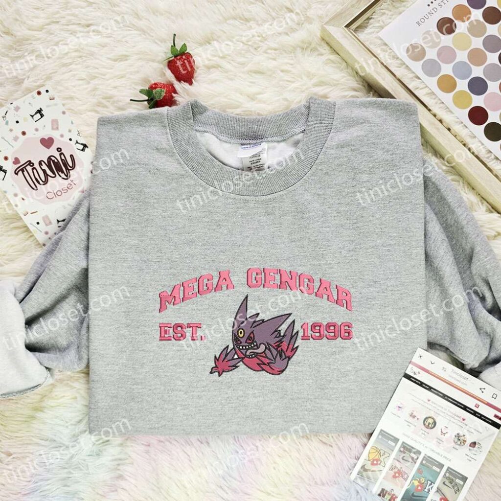 Mega Gengar Embroidered Shirt, Pokemon Embroidered Hoodie, Anime Embroidered Sweatshirt
