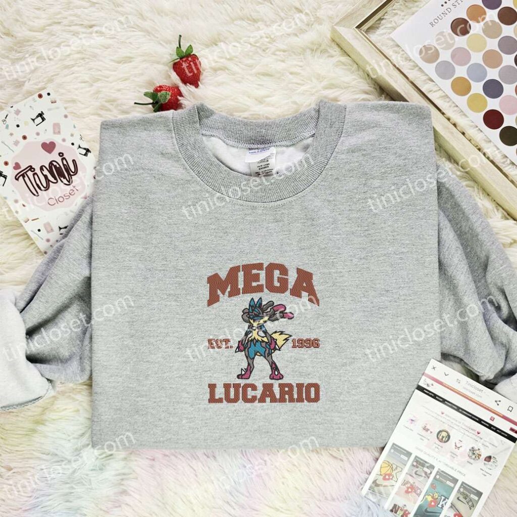 Mega Lucario Embroidered Shirt, Pokemon Embroidered Hoodie, Anime Embroidered Sweatshirt