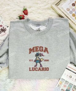 Mega Lucario Embroidered Shirt, Pokemon Embroidered Hoodie, Anime Embroidered Sweatshirt (1)